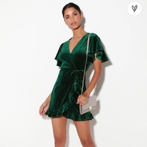 lulu’s west village dark green velvet wrap dress